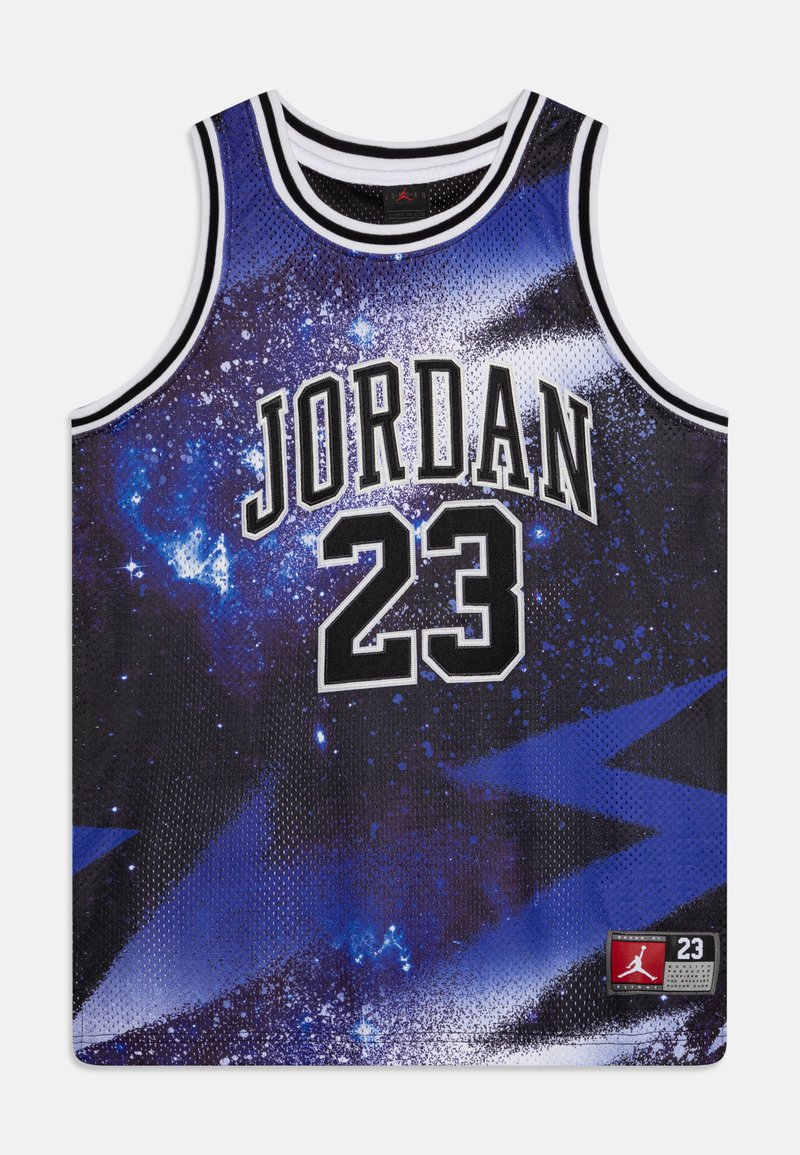 Black and purple basketball jersey with mesh texture, featuring "JORDAN" and "23" in white and black font. Includes logo patch on the hem.