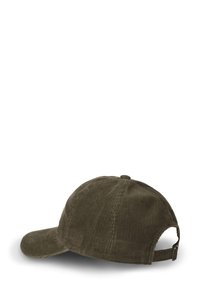 Casquette en velours côtelé vert olive avec une visière incurvée, une surface texturée, une sangle réglable à l'arrière et des détails subtils de couture.