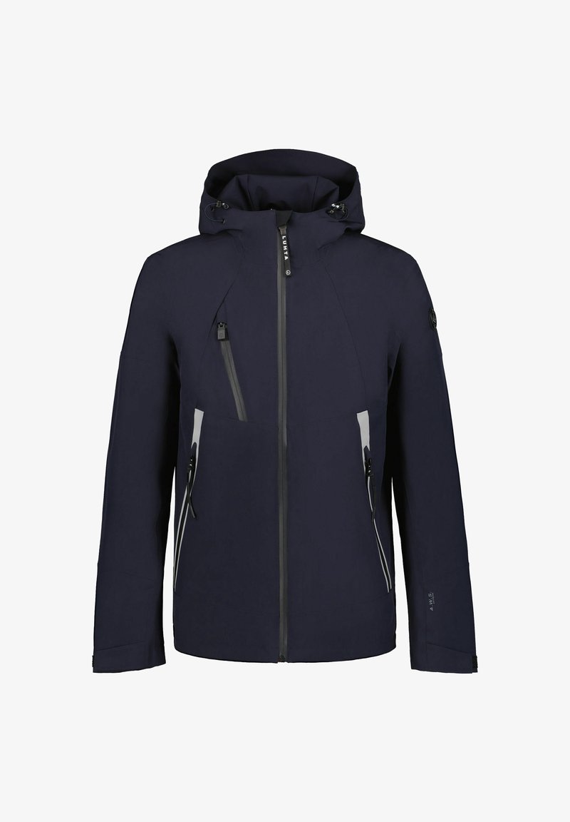 Marinblå vattentät jacka med huva, två framfickor med dragkedja och kontrasterande grå detaljer på fickorna och dragkedjan.