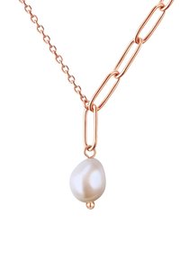 Rose gold kæderekæde med stor uregelmæssig hvid perlevedhæng. Kæden har forlængede led og en lille rund perle i bunden.