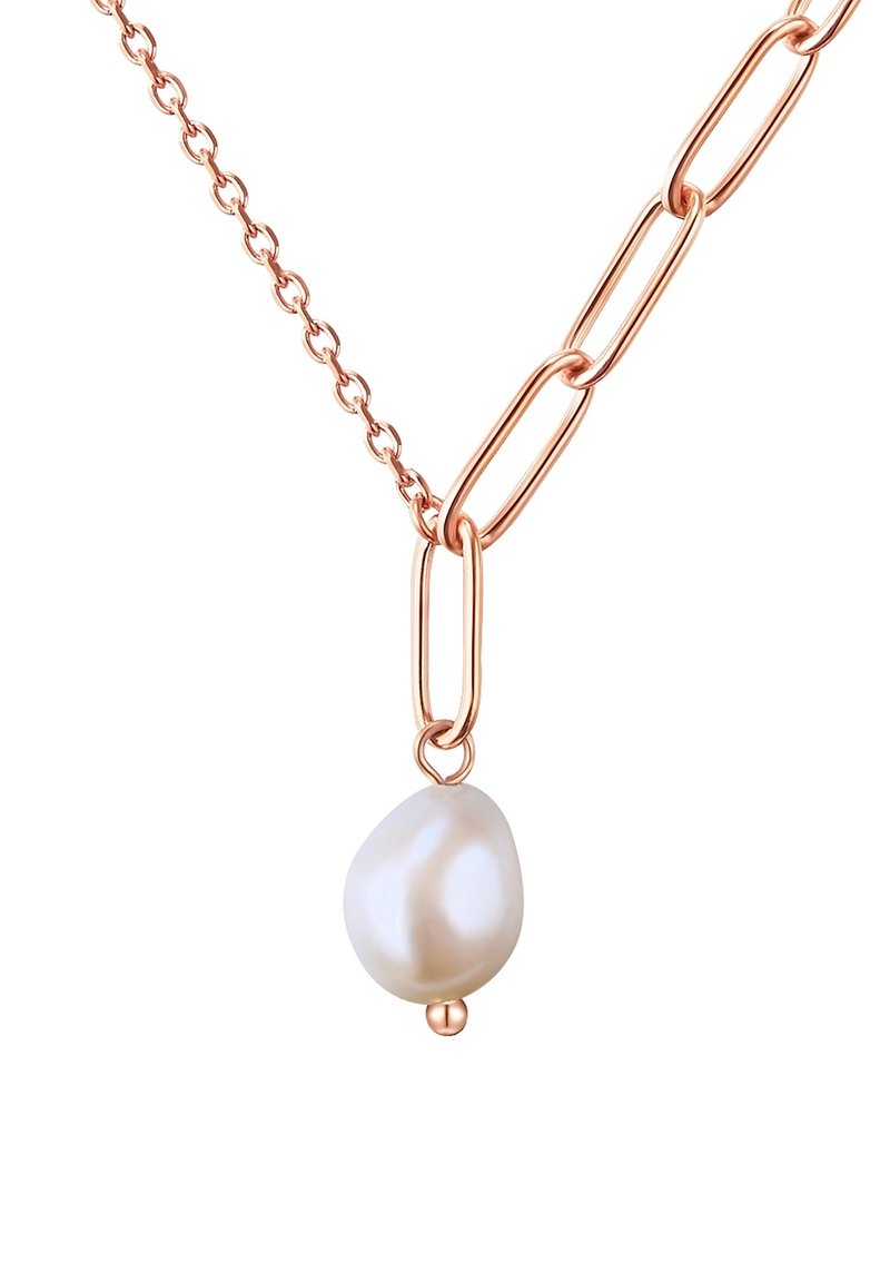 Rose gold kæderekæde med stor uregelmæssig hvid perlevedhæng. Kæden har forlængede led og en lille rund perle i bunden.