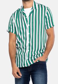 Camicia a maniche corte con bottoni, caratterizzata da righe verticali verdi e bianche, con colletto a camicia, tessuto morbido e vestibilità rilassata. Indossati jeans in denim.