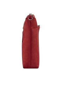 Rote Nylon-Tasche in rechteckiger Form, mit einem silbernen Reißverschluss und einer Seitentasche, glatte Textur und minimalistisches Design.