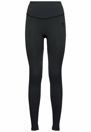 Leggings noirs en matériau extensible, avec une taille haute, une texture lisse et un logo discret sur le côté gauche.