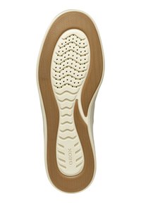 Suola delle scarpe Geox con un design ondulato, una combinazione di colori beige e marrone, con fori di ventilazione e gomma testurizzata per grip e flessibilità.