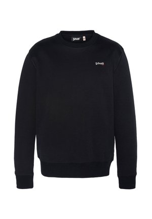 Black sweatshirt with a crew neck, long sleeves, and a small white embroidered logo on the chest. Made of soft, textured fabric.