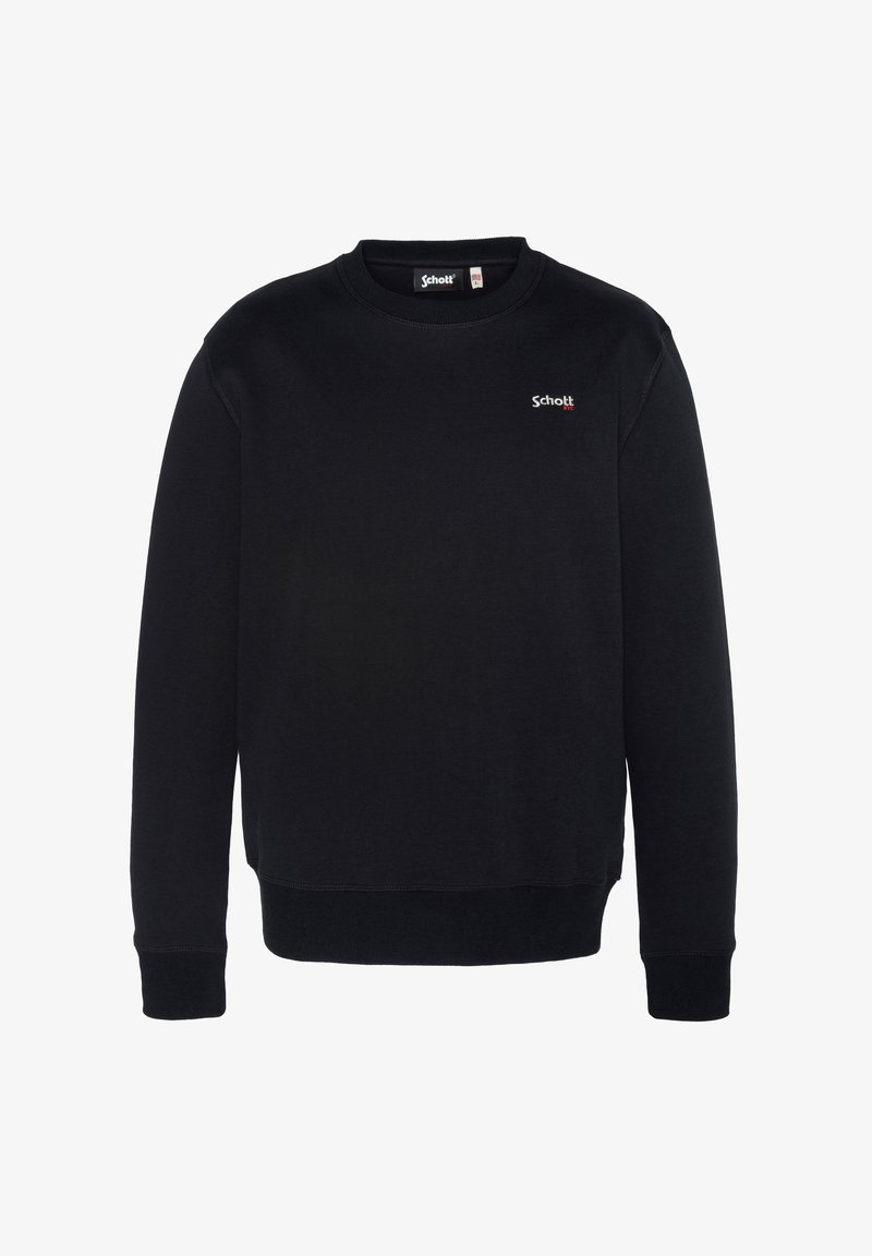 Felpa nera con collo rotondo, maniche lunghe e un piccolo logo ricamato bianco sul petto. Realizzata in un tessuto morbido e testurizzato.