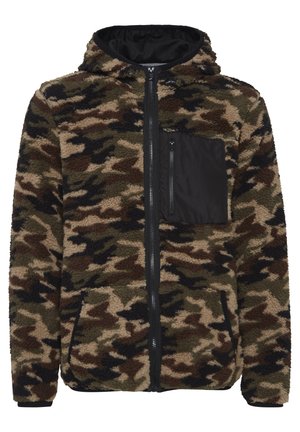 Kamuflážová mikina na zips vyrobená z mäkkého, textúrovaného fleece. Obsahuje jednofarebnú čiernu vrecko na zips na hrudi a bočné vrecká.