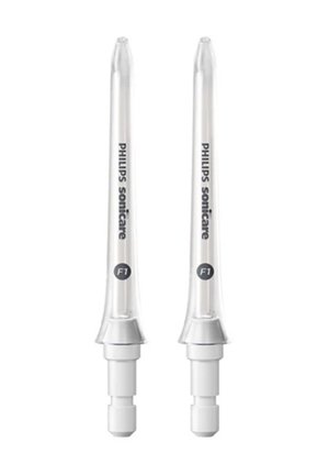 Testine di ricambio Philips Sonicare F1, plastica trasparente, forma slanciata ed allungata, con base di collegamento bianca e etichettatura nera.