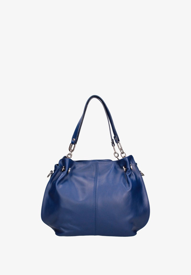 Sac à main en cuir bleu avec doubles poignées et accessoires en métal argenté, présenté sur un fond blanc.