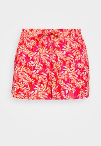 Calções de banho curtos com uma cinta elástica e fecho por cordão, apresentando um fundo vibrante rosa com padrões de folhas brancas.