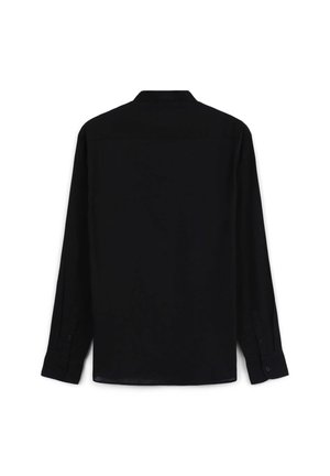 Schwarzes Langarmhemd mit klassischem Kragen, Knopfmanschetten und glatter Stoffstruktur, von hinten angezeigt für klare Sichtbarkeit.