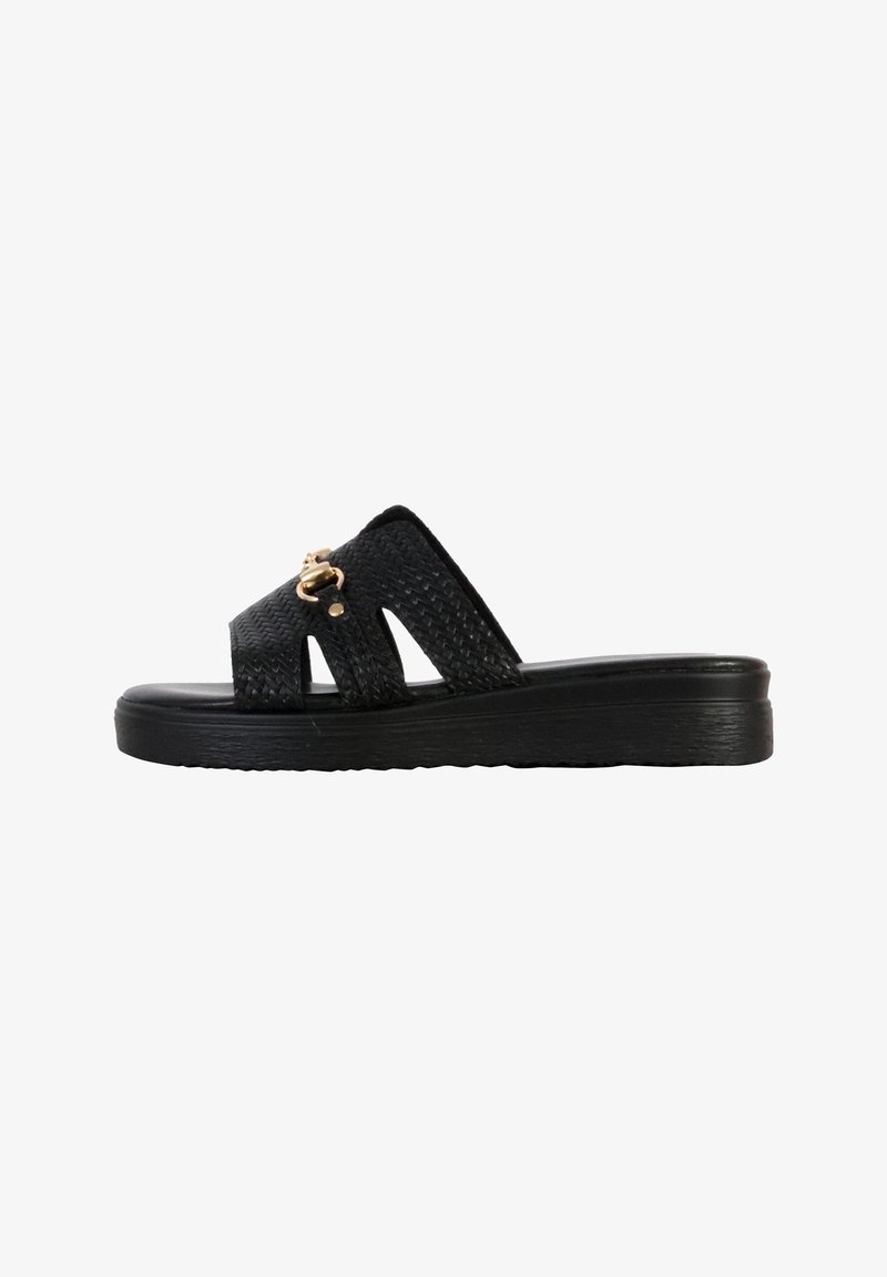 Black woven slide sandal with two broad straps, featuring cut-out details, and a gold accent. Thick rubber sole for comfort and stability.