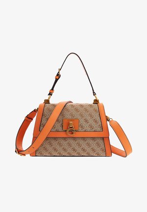 Hnědá kabelka se vzorem a oranžovými koženými akcenty. Obsahuje strukturovaný design, nastavitelný ramenní popruh a zlaté kování.