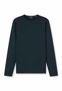 Dunkelblaues Langarm-T-Shirt aus weicher Baumwolle, mit Rundhalsausschnitt und geradem Saum, minimalen Nähten an den Bündchen.