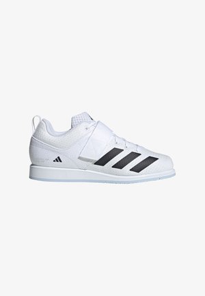 White athletic shoes with a breathable upper, featuring a textured design, three black stripes, a hook-and-loop strap, and a rubber sole.