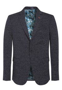 Blazer blu navy con tessuto texture, dotato di una fodera interna blu a motivo foglia, rever a punta e due tasche frontali.
