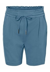 Modré kraťasy vyrobené z lehkého materiálu, s elastickým pasem, stahovací šňůrkou a dvěma bočními kapsami, s hladkým povrchem.