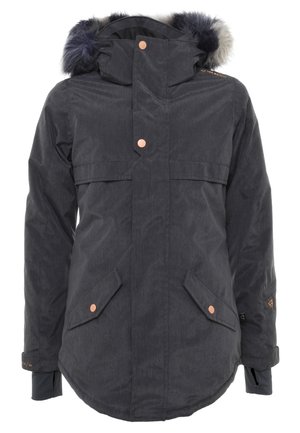 Ciemnoszara ocieplana zimowa kurtka z kapturem, ozdobiona czarno-szarym futrzanym obszyciem z imitacji futra, przednimi kieszeniami z patkami zapinanymi na miedziane guziki oraz ściągaczami na nadgarstkach.