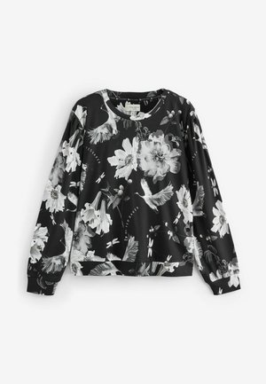 Sort langærmet sweatshirt med blomsterprint i hvid og grå, lavet af glat stof med rund hals og ribbet kant.