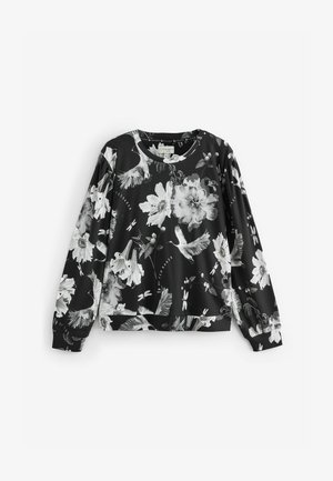 Čierna mikina s dlhým rukávom, ktorá má kvetinový vzor v bielej a šedej farbe. Je vyrobená z hladkej látky, má zaoblený výstrih a rebrovaný lem.