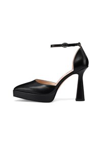 Scarpa platform nera con tacco alto, punta affilata, cinturino alla caviglia e finitura in pelle lucida. Presenta un tacco geometrico spesso.