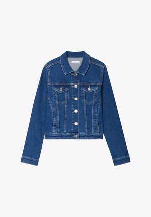 Jeansjacke in Dunkelblau mit Kragen, Fronttaschen, silbernen Knöpfen und verkürztem Design. Glatte Textur mit sichtbaren Nähten.