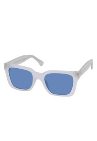 Occhiali da sole con montatura trasparente e lenti blu. Forma quadrata, texture liscia e steli flessibili con dettagli sottili.