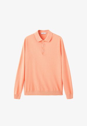 Polo manches longues de couleur pêche avec un col et trois boutons sur la patte de boutonnage avant, poignets et ourlet côtelés.
