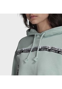 Ljusgrön hoodie med svarta och vita märke-ränder, justerbara snoddar med tofsar och en klassisk känguruficka.