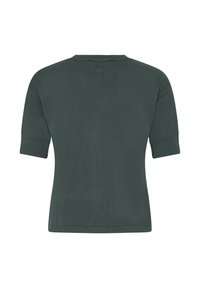 Maglietta a maniche corte in maglia verde scuro con scollo tondo. Texture liscia e silhouette aderente. Presenta un design semplice senza motivi o accenti.