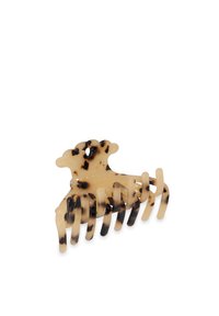 Clip per capelli in plastica con motivo tartarugato, caratterizzato da una forma ampia con bordi curvi e più punte di presa per una tenuta sicura.