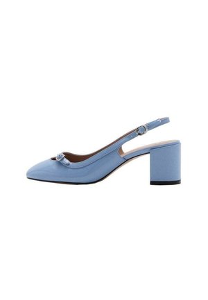 Escarpin slingback bleu clair avec bout pointu, talon bloc et petit nœud décoratif à l'avant. Texture de tissu lisse.