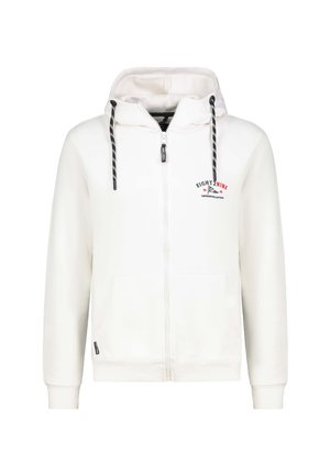 Weiße Zip-Up-Hoodie aus weichem Stoff, mit Kapuze zum Zuziehen, Seitentaschen und einem Logo auf der Brust. Schwarz-weiße gestreifte Akzente.
