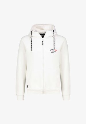 Weiße Zip-Up-Hoodie aus weichem Stoff, mit Kapuze zum Zuziehen, Seitentaschen und einem Logo auf der Brust. Schwarz-weiße gestreifte Akzente.