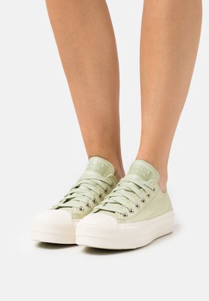 Hellgrüne Leinensneaker mit leichtem Glanz, weißen Gummisohlen, runden Zehenkappen und einer strukturierten, gemusterten Oberfläche.