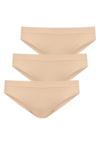 Tre par damunderkläder i ett mjukt, nude-tyg. Låg midje-design med en slät midjeband och sömlösa kanter, som har en enkel och ren look.