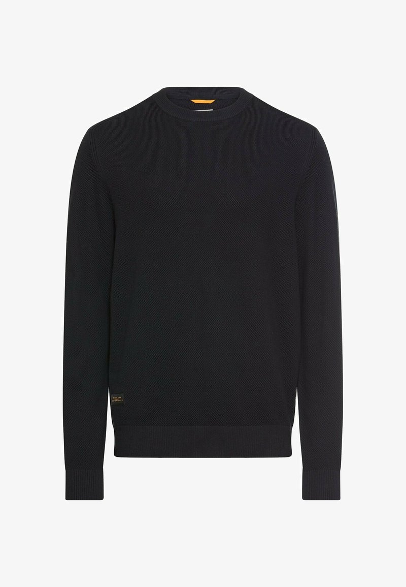 Czarny dzianinowy sweter z okrągłym dekoltem, ściągaczami na mankietach i dole. Posiada fakturowany wzór oraz małą metkę marki na dole.