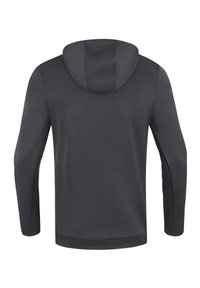Felpa con cappuccio grigio scuro, caratterizzata da maniche lunghe, una texture liscia e un orlo dritto. Design minimalista senza loghi o motivi visibili.