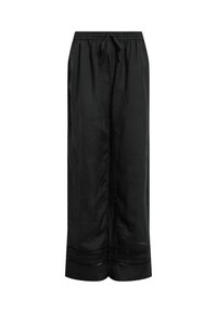 Zwarte wijde broek gemaakt van lichte stof, met een trekkoord in de taille en decoratieve stiksel aan de zoom.