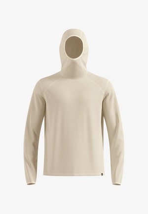 Maglia beige chiaro a maniche lunghe con cappuccio, realizzata in tessuto strutturato effetto waffle. Presenta un cappuccio aderente e maniche raglan senza cuciture.