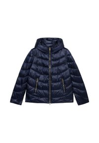 Marineblå dunjakke med hætte, som har lynlåslukning foran, to lynlåslommer og quiltet tekstur. Fremstillet af et skinnende, let materiale.