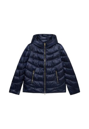 Granatowa kurtka puchowa z kapturem, zapinana na zamek, posiadająca dwie kieszenie na zamek oraz pikowaną fakturę. Wykonana z błyszczącego, lekkiego materiału.