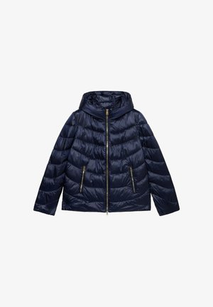 Marineblaue Steppjacke mit Kapuze, Reißverschluss vorne, zwei Reißverschlusstaschen und gesteppter Textur. Hergestellt aus einem glänzenden, leichten Material.