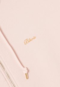 Un sweat à capuche rose avec une texture douce, un logo "Blkiori" brodé en doré et un cordon de serrage doré au niveau de la capuche. Fermeture éclair sur le côté.