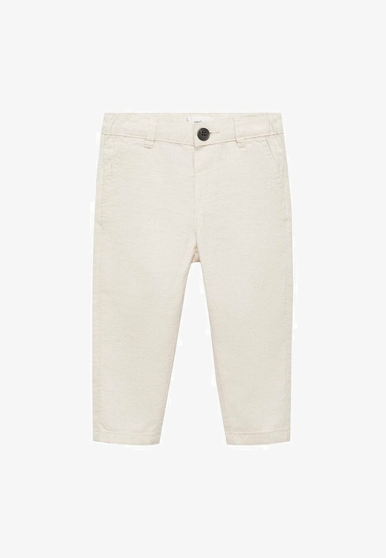 Světle béžové kalhoty vyrobené z bavlny. Mají zapínání na knoflík, poutek na opasek a rovné nohavice s čistým zakončením.