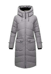 Długi, jasnoszary, ocieplany płaszcz zimowy z kapturem, z zamkiem błyskawicznym z przodu, kieszeniami zapinanymi na guziki oraz regulowanymi paskami na mankietach.