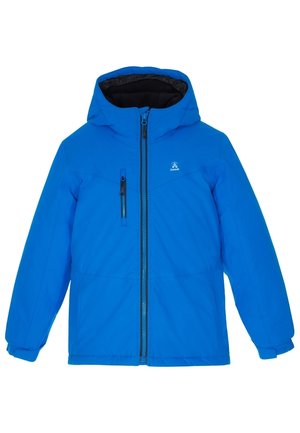 Blå vinterjakke med hætte, lynlås foran, brystlomme, sort inderfor og Kamik-logo på brystet.