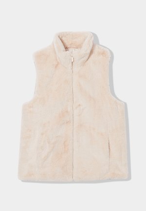 Cream-colored, sleeveless vest made of soft, fuzzy material with a high collar and front zipper. Smooth texture with no visible patterns.