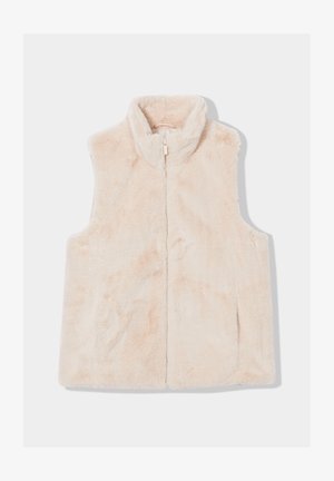 Gilet sans manches de couleur crème, fabriqué en matériau doux et duveteux, avec un col montant et une fermeture éclair à l'avant. Texture lisse sans motifs visibles.